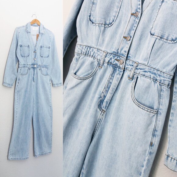 NEW Lov Mor Light Blue Wash Denim Wide Leg Jumpsuit S Cotton Blend High Waist - Picture 9 of 14